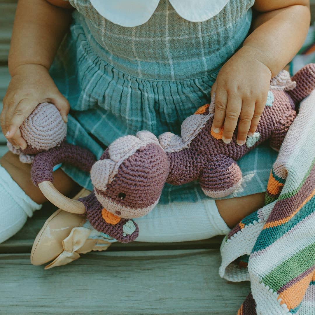 Handmade Stegosaurus Baby Rattle, Organic Cotton, Plum
