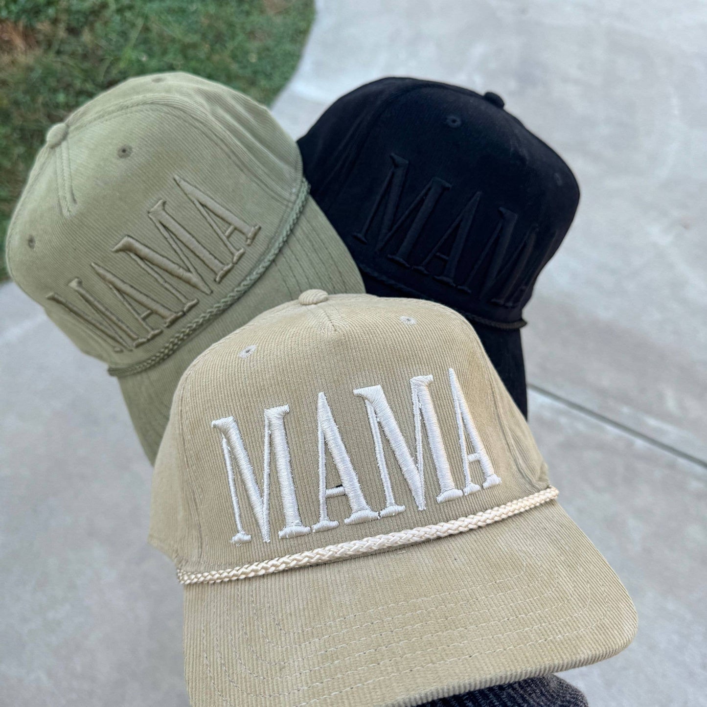 Mama Corduroy Embroidered Trucker Hat, Tan