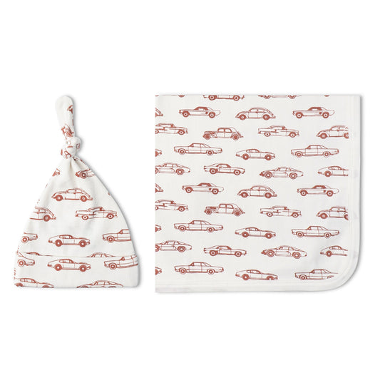 Organic Swaddle Blanket & Hat Set - Cars
