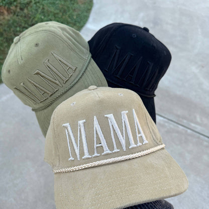 Mama Corduroy Embroidered Trucker Hat, Tan