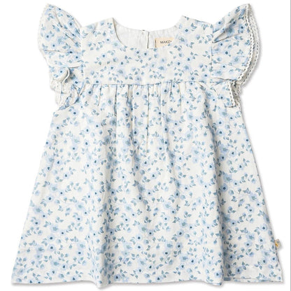 Organic Short Sleeve Flutter Dress - Blue Vines