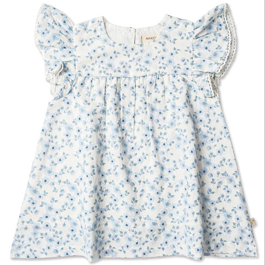 Organic Short Sleeve Flutter Dress - Blue Vines