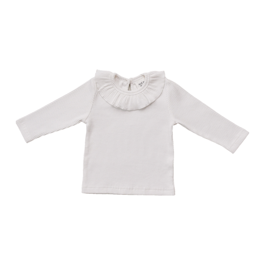 White Ribbed Ruffle Long Sleeve Top