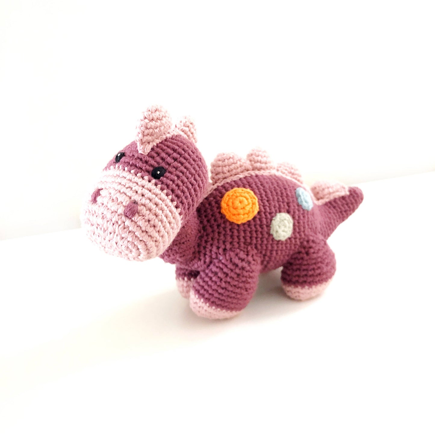 Handmade Stegosaurus Baby Rattle, Organic Cotton, Plum