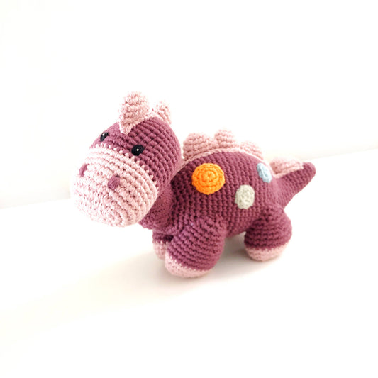 Handmade Stegosaurus Baby Rattle, Organic Cotton, Plum