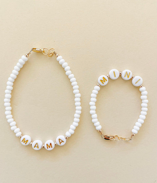 Mama and Mini White Name Bracelet Set