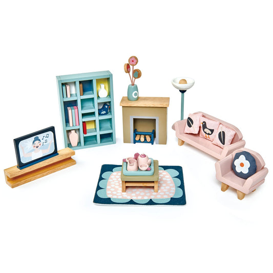 Set of toy furniture including a sofa, bookshelf, and table on a white background, Tender Leaf