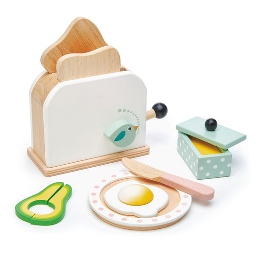 Wooden toy set with toaster, egg, avocado, and butter on a white background, Tender Leaf