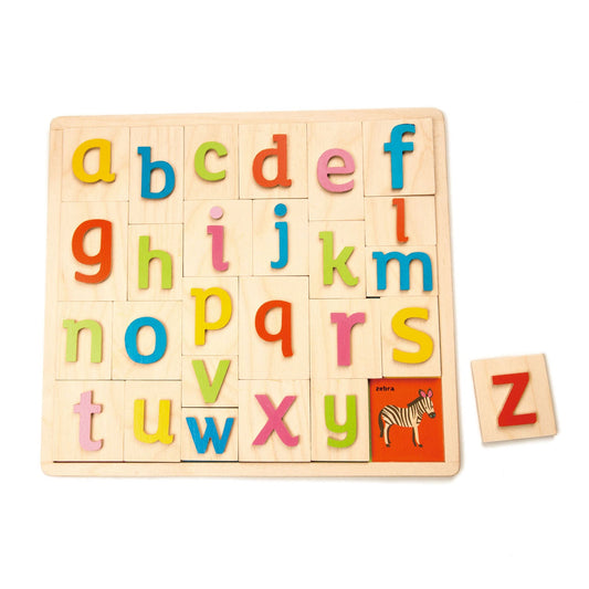 Wooden alphabet puzzle with colorful letters on a white background, Tender Leaf