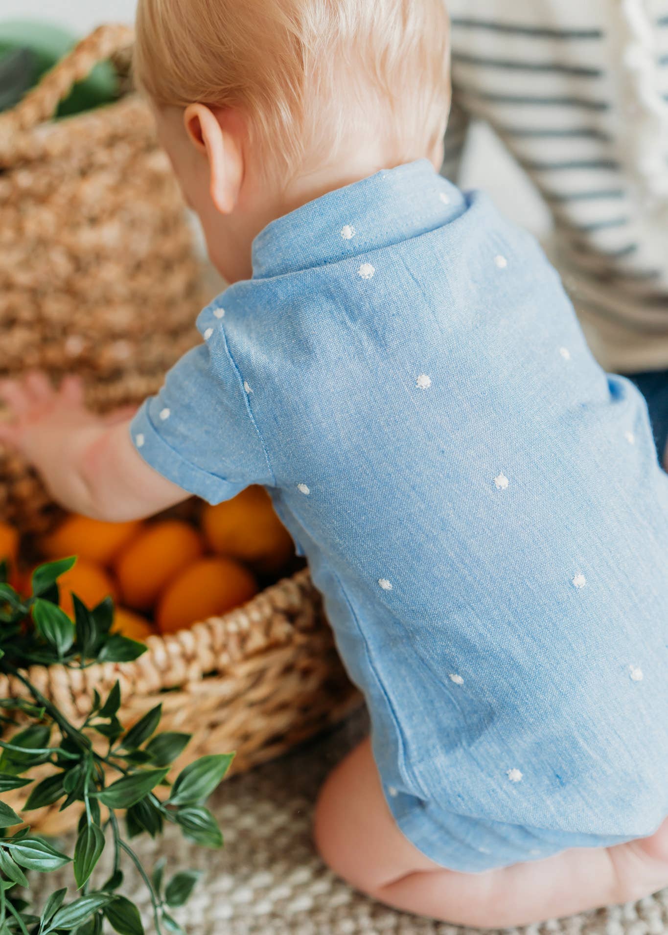 Isla Bowtie Chambray Baby Romper, Organic Cotton