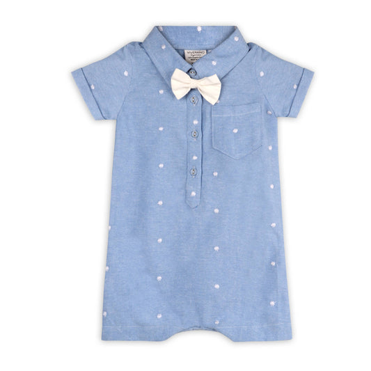 Isla Bowtie Chambray Baby Romper, Organic Cotton