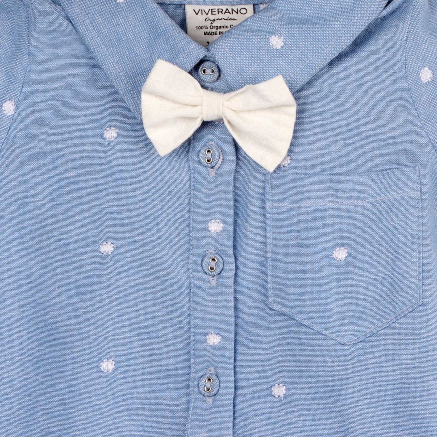 Isla Bowtie Chambray Baby Romper, Organic Cotton