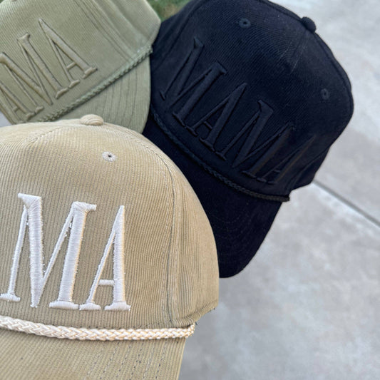 Mama Corduroy Embroidered Trucker Hat, Tan